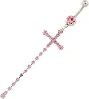 [Niaspi] 14G Stainless Steel Rhinestone Cross Dangle Belly Button Rings for Women Long CZ Tassel Dangling Navel Ring 3/8" 10mm Curved Barbell Studs Sparkling Body Piercing Jewelry