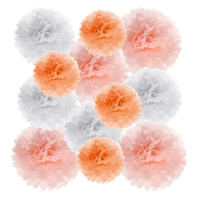 15 Pcs 3 Size Paper Pom Poms Flower Ball Peach/White/Orange