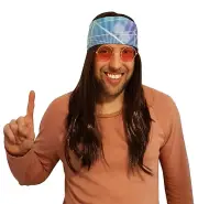 Hippie brown hair wig with blue lights 60's 70's bandana