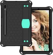 Kids Tablet Case Compatible With Samsung Galaxy Tab S9 Fe 11"（2023）x510N/S9 Fe WiFi x516B Shockproof Protective Rugged Case with Pencil Holder/Shoulder Strap, Soft Portable Handle (Black+Aqua)