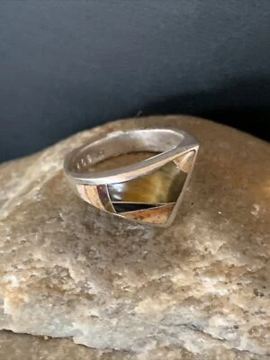 Women Coffee Tigers Eye & Onyx Navajo Sterling Silver Inlay Ring Size 6 10795