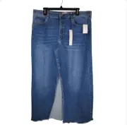 NWT $99 Nicole Miller Maxi Denim Skirt Size 14, Raw Hem, Front Slit, Stretch