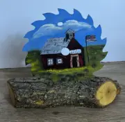Painted Circular Saw Blade in Glazed Log of Wood Schoolhouse USA Flag Decor 8x10