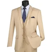 VINCI Men's Beige 3pc 2 Button Slim Fit Tuxedo Suit w/ Matching Vest NEW