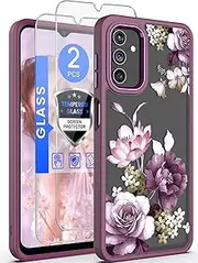 [Dretal] for Samsung A13 5G Case, Galaxy A13 5G Case + Tempered Glass Screen Protector,Military Grade Drop Tested Hard Back & Soft Edge Slim Flower Women Girls Protective Cover for A13 4G (Purple)
