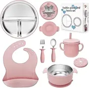 CLDY 8 Pack Stainless Steel Baby Weaning Set Pink, Baby Plate/Suction Bowls/Silicone bib/Children's Spoon/Drinking Cup, with 100% Silicone Suction Plate Base, BPA-Free - for Toddlers & Newborn Gifts