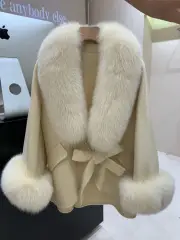 Women 100% Real Fox Fur Cloak Coat Warm Double-side Cashmere Wool Jacket Outwear