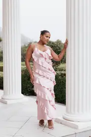 [PUP66] Ciao Ruffles Maxi Satin Dress - Pink XS Pink
