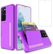 [Asuwish] Phone Case for Samsung Galaxy S21 Ultra Glaxay S21ultra 5G with Tempered Glass Screen Protector Cover and Credit Card Holder Stand Slim Hybrid Cell Gaxaly 21S S 21 21ultra G5 Women Men Purple