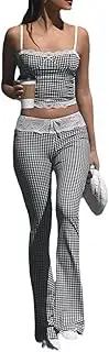 [Best Rose] Black Striped Two Piece Sets Lace Trim Crop Backless Spaghetti Strap Top Bodycon Bow Flare Pant Sexy Set, Black Set, Large