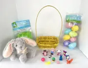 Easter Basket Lot-New Basket, Stuffed Plush Bunny,Plastic Fillable Eggs, Grass +