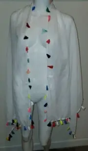 NWT KRAZY KAT GORGEOUS WHITE WITH MULTICOLOR TASSELS SCARF SHAWL WRAP COVERUP