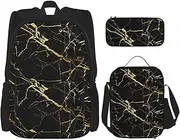[CADREWY] Black Gold Marble Print Travel Bag Adjustable Shoulder Straps Lunch Bag Pencil Case Large Capacity Bag, Black, One Size