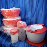 Brand New Tupperware Thatsa Bowls set of 3 in Red White Seals Salad Spinner MORE