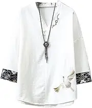 [Aoleaky] Traditional Chinese Style Embroidery Crane Hanfu Blouse Tang Suit Men Kungfu Shirts Tops T-Shirt Japanese Kimono