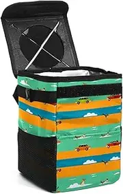 Car Trash Can with Lid,Bag Hanging Storage Pockets Leak-Proof,Portable Garbage Bin,Blue Yellow Green Striped Fox