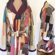 Vintage-Inspired Patchwork Robe Hood OS/XL Men’s Quilt Coat Gown Smoking Jacket