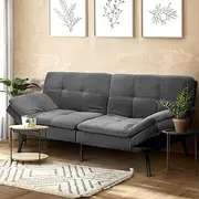 [OIKITURE] Sofa Bed 3 Seater Lounge Sofa with 3 Adjustable Backrest Position and 4 Angle Adjustable Armrest Polyester Fabric Sofa Couch 250kg Capacity Grey