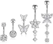 [Rwoythk] 5pcs Belly Button Bars Stainless Steel, Dangly Belly Button Piercing Jewellery, Belly Ring Dangly Navel Bars Piercing Belly Barbell Heart Butterfly Belly Piercing Jewellery Gold Sliver, no,