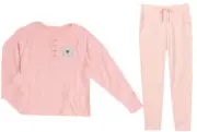 Justice Girls Pajamas Peach 2 Piece Set Henley Top Pocket Joggers Logo Size 10