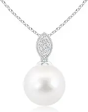 [Angara] Freshwater Cultured Pearl Pendant Necklace with Diamond Leaf Bale in Sterling Silver/14ct Solid Gold for Women | June Birthstone Jewellery for Her