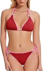 [PUPUMP] Women Two Piece Swimsuit Bikini Set Sexy Ribbed Triangle Top Bathing Suit Cheeky String Tie Side Halter Swimwear