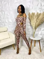 Women Leopard Print Two Piece Pants Set Size M