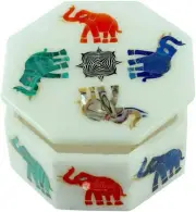 Marble Jewelry Storage Box Multi Elephant Inlay Design Christmas Best Gift E2015