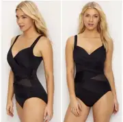 Miraclesuit Mystique Sheer Panel Slimming Swimsuit Size 12 Black Banded NWT