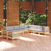 Patio Furniture Sets 10 Piece Garden Lounge Set with Grey Cushions Solid Pinewood