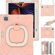 iPad Pro 12.9 Case 6th Generation 2022/5th Gen 2021/4th Gen 2020/3th Gen 2018,Heavy Sturdy Shockproof Kids Case,Rotating Stand/Pencil Holder/Carrying Strap for iPad 12.9 Inch (Pink)