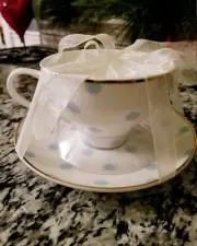 New Meritage Tea/Coffee Cup Saucer set Blue Polka Dots Gold Trim cute White