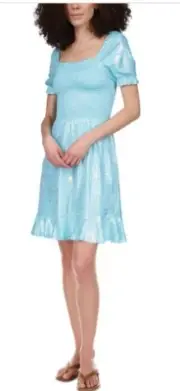 Michael Michael Kors Foil-Print Smocked Peasant Dress, Turquoise, XL, $125