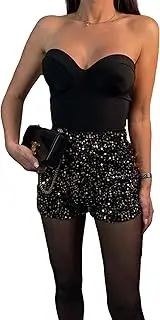 [Suillty] Women's Shiny Sequin Mini Shorts Sparkly Elastic High Waisted Bottoms Party Club Rave Festival Outfits