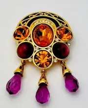 Signed Princess Michaela MVH Vintage New Gold Plated Crystal Pin Brooch