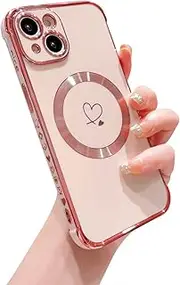 Hosgor Compatible with iPhone 15 Case for Women 2023, Luxury Heart Pattern Plating Cover, Compatible with MagSafe Phone Case Soft TPU Shockproof Back Case Compatible with iPhone 15 6.1inch (Pink)