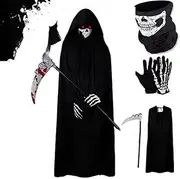 Grim Reaper Costume Set, Black Cloak, Skull Face Mask, Skeleton Gloves, Grim Reaper Cape with Hood for Halloween Decoration, Cosplay, Carnival