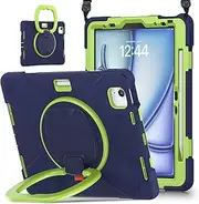 Tablet Case Cover Case Compatible with iPad Air 11inch (M3 2025 7th/M2 2024 6th),Heavy Duty TPU Shockproof Kids Case,360 Degree Rotating Multi-Function Grip Bracket+Shoulder Strap Rugged Cover(Navy Bl