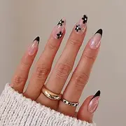 24Pcs French Tip Fake Nails Black Flower Press on Nails, Round Head Almond Shaped Press on Nails Full Cover False Nails with Designs Black Nail Tips Acrylic Nails for Women DIY Manicure Decorations
