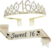 FELTECHELECTR 16th Birthday Celebration Birthday Crown Sash Set Decorative Shoulder Strap for Girls Gold Color Sash