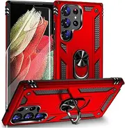 Aircawin for Samsung Galaxy S23 Ultra Case with Flexible TPU Film Screen Protector,Built-in Ring Holder Stand,Hybrid Shockproof Case with Magnetic Car Mount Kickstand for Galaxy S23 Ultra 6.9''-Red