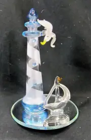 Light House with Sail Boat and Sea Gull Hand made art Glass Figurine Sealife