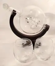 Glass Ship Whiskey Decanter Etched World Globe Set For Liquor w/2 Glasses