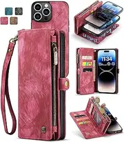 Ezydigitals Case for Apple iPhone 15 Pro Purse Zipper Leather Wallet Flip Detachable Case Cover - Wine Red