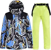 [7HAHA3] Men's Ski Suit Graffiti Print Snowboard Zip Up Jacket and Pants Outdoor Winter Sports Wear Waterproof Snowsuit