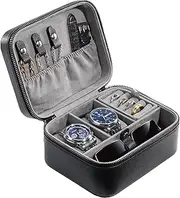 ProCase Travel Watch Case, 2 Slots Leather Mens Jewelry Box, Portable Watches Cufflinks Accessories Storage Case, Zippered Carrying Organizer Bag for Man -Black