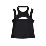 Mock Two-Piece Cutout Plain Ribbed Crop Tank Top Black - M