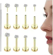 [Kakonia] 14K Gold Filled Threadless Nose Studs CZ Nose Rings for Women Men 316L Surgical Steel Labret Studs Lip Rings Push in Flat Back Stud Earrings CZ Nose Nostril Tragus Helix Piercing Jewelry