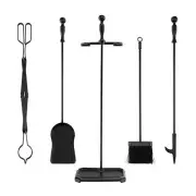5-Piece Fireplace Tool Set with Tong Brush Shovel Poker Stand-Black - Color: Bla
