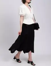 RRP€544 ZIMMERMANN Linen Midi Skirt Size AU3 US10 L Black Scallop Hem Tie Belt